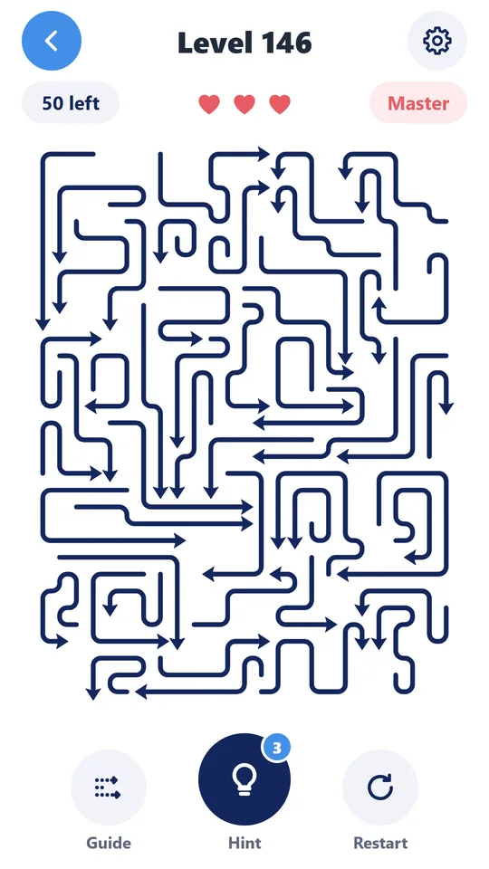 A Master-tier ArrowFlow level with long winding arrows