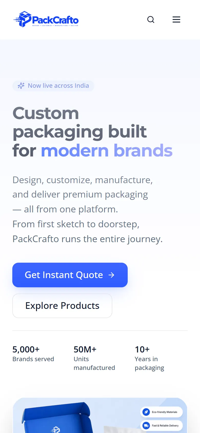 Screenshot of the PackCrafto homepage on a mobile phone