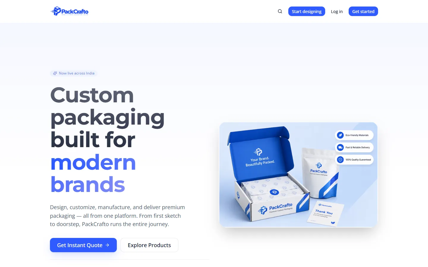 Screenshot of the PackCrafto homepage: headline “Custom packaging built for modern brands” with a branded box and pouch